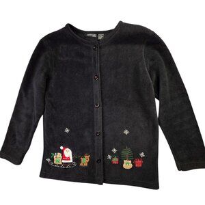 Ladies Club Fleece Cardigan Sweater Womens Small Petite Black Embroidered Santa